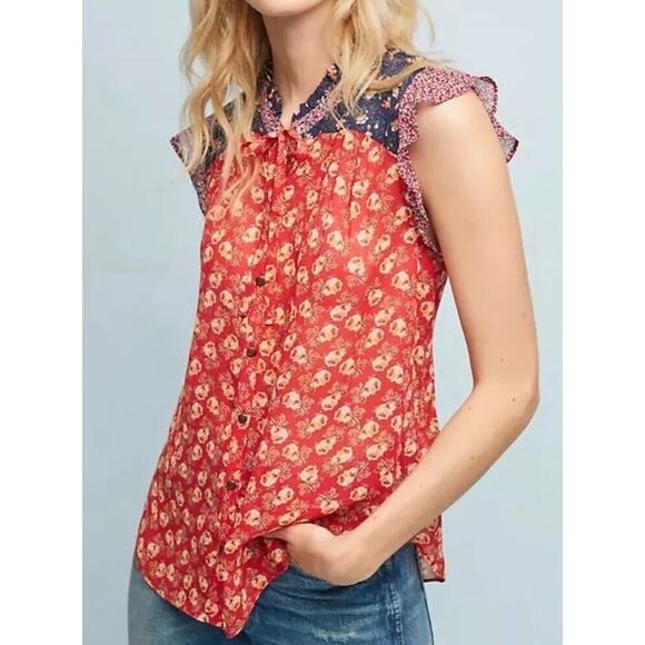 Anthropologie Meadow Rue Floral Blouse Size 8 Multicolor Ruffle Sleeve Flutter - Picture 11 of 11
